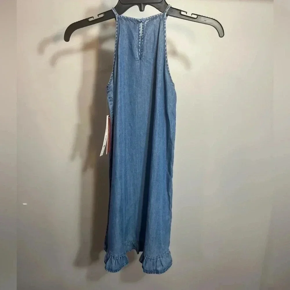 Aqua Girl Kids Chambray Halter Dress Blue Ruffle High‎ Low KD1436 Size S NWT